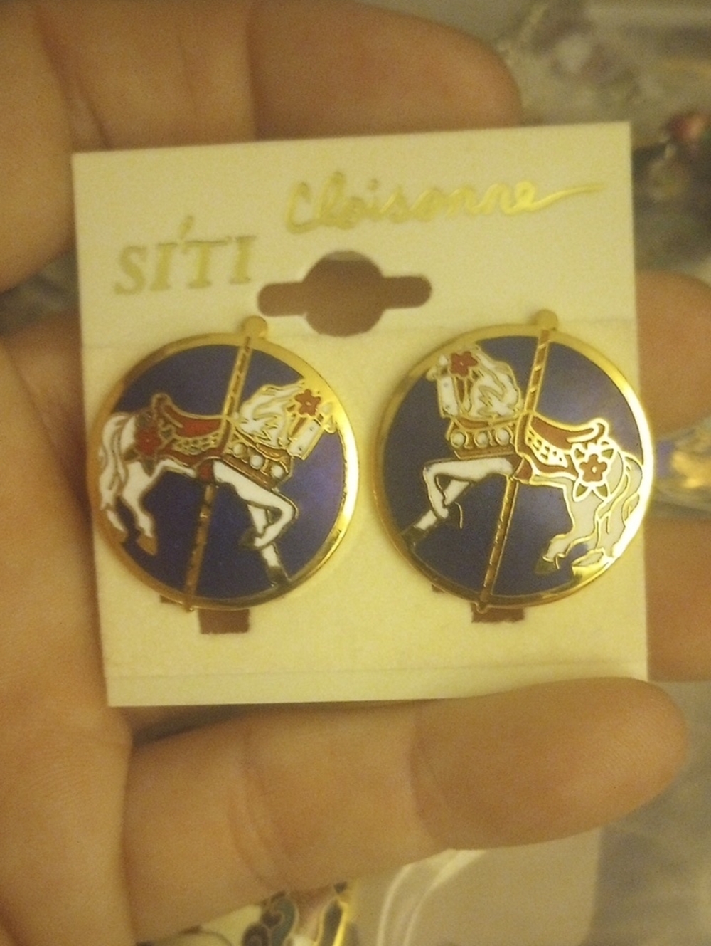 Carrousel Horse Enamel Clip-On Earrings in Navy and Gold New